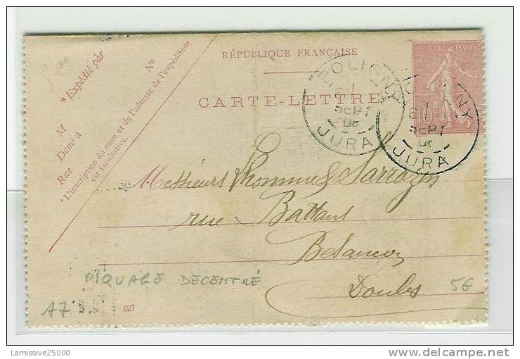 A7 ENTIER 10c SEMEUSE  CARTE LETTRE PIQUAGE DECENTRE - Kartenbriefe