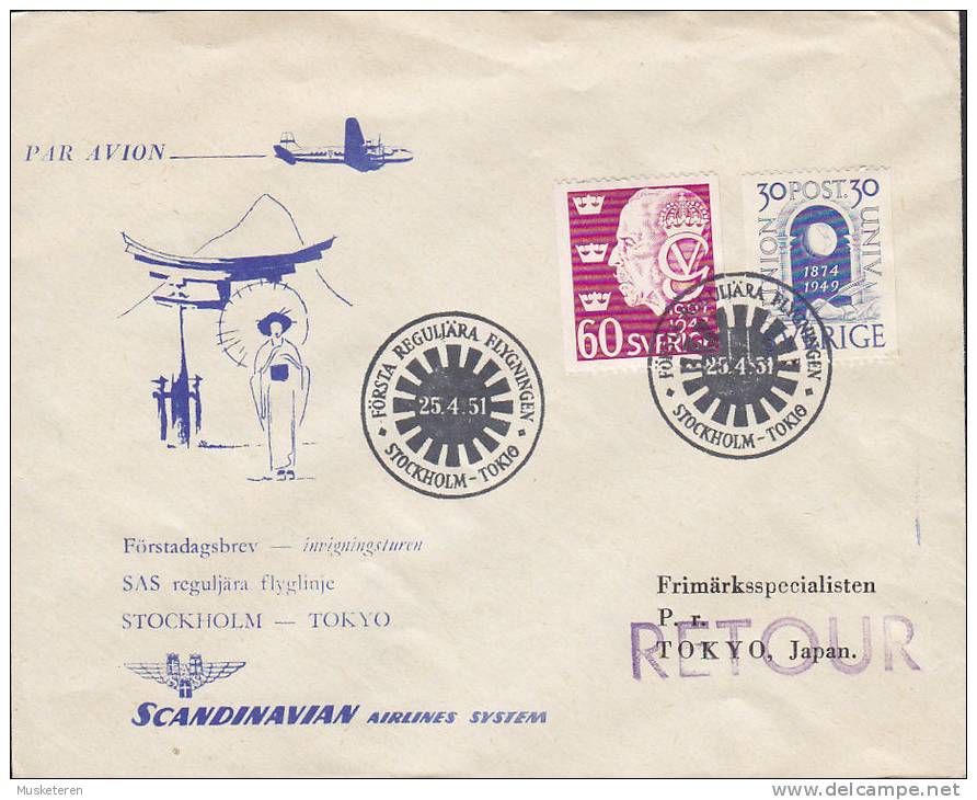 ## Sweden Airmail STOCKHOLM - TOKIO First Regular SAS Flight 1951 Cover Brief RETOUR (2 Scans) - Lettres & Documents