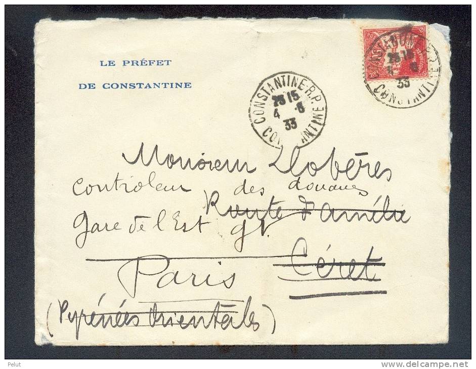 Enveloppe 1933 "le Préfet De Constantine" Algérie - Covers & Documents