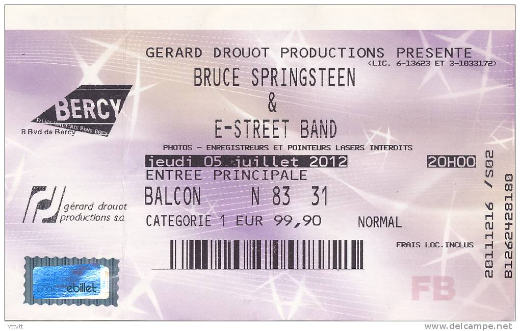 Billet Concert : BRUCE SPRINGSTEEN & E-STREET BAND, Palais Omnisports Paris-Bercy (5 Juillet 2012) - Concert Tickets