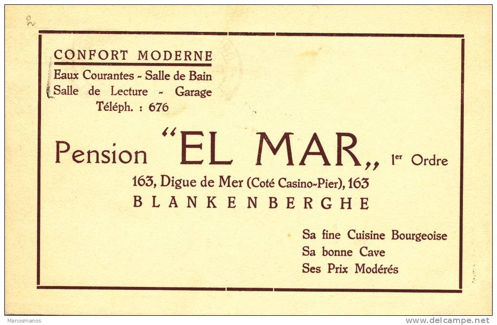 385/20 - Carte Publicitaire TP Cérès BXL 1935 - Pension El Mar , Digue De Mer à BLANKENBERGHE - 1932 Cérès Et Mercure