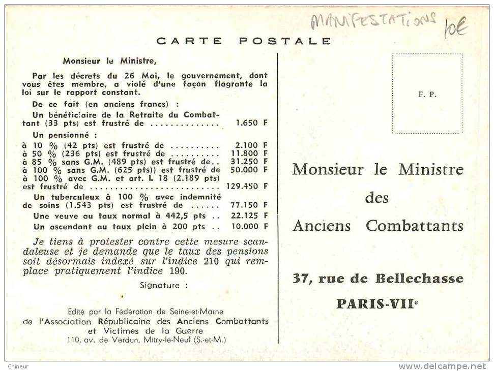 MANIFESTATION DU 27 OCTOBRE 1962 PUR LE RESPECT DE NOS DROITS ADRESSE A MR LE MINISTRE DES ANCIENS COMBATTANTS - Sindacati