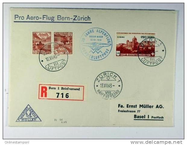 Switserland: Registered Cover 1943, Sonderluftpost, Bern Basel Zürich - Storia Postale