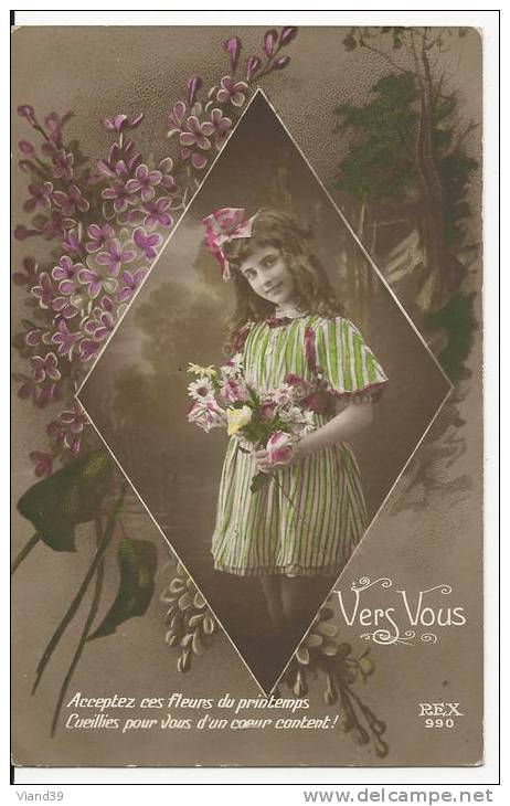 Enfants - Vers Vous - Dans Un Médaillon En Losange, Fleurs - Cachet Postal 10 Octobre 1921 - Scènes & Paysages