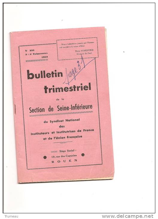 ROUEN  SYNDICAT INSTITUTEURS-SEINE INFERIEURE 1953 - Fiches Didactiques