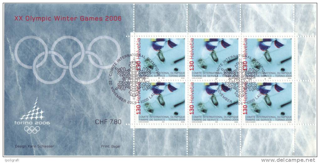 Jeux Olympiques Torino 2006, Comité Intern. Olympique De Lausanne, Timbres De Service, Feille De 6. FDC 2005 - Invierno 2006: Turín