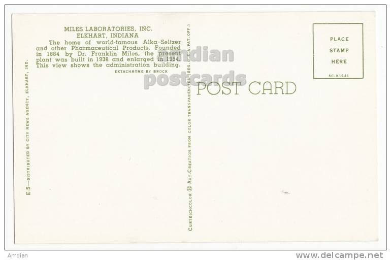 USA, ELKHART INDIANA, MILES LABORATORIES INC~c1960s Vintage Unused Postcard ~ALKA SELTZER~PHARMACEUTICALS INDUSTRY - Otros & Sin Clasificación