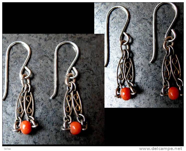 Fines Boucles Persanes En Argent Et Corail  / Delicate Persian Earrings Silver And Coral - Etnica