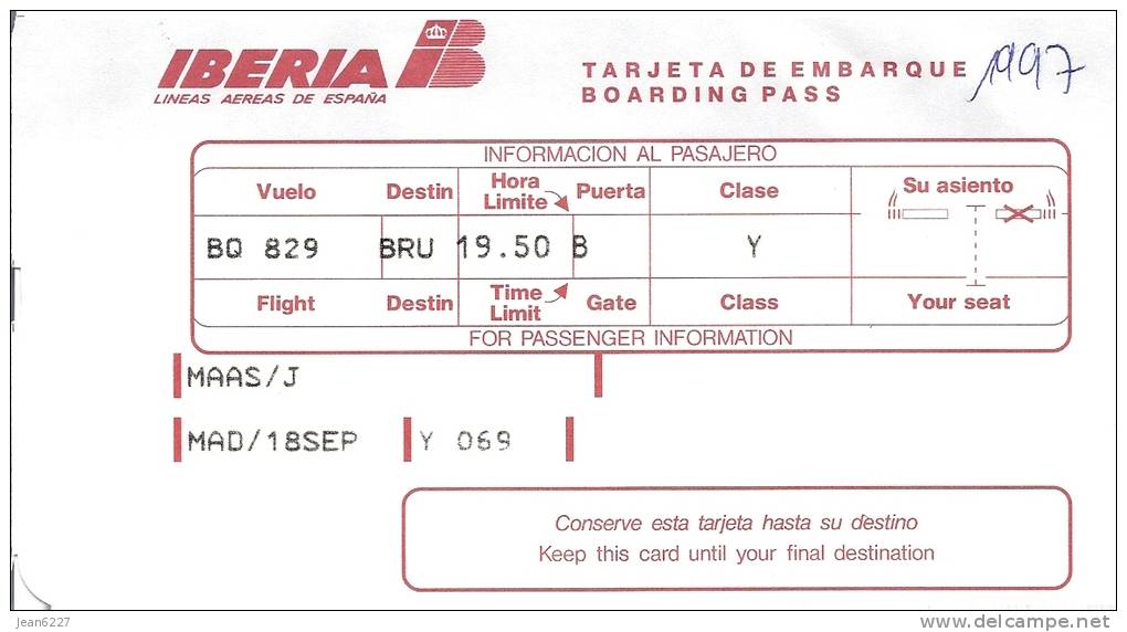 5 Boarding Pass Iberia - Flight Virgin Express BQ829/TV829, Madrid - Brussels - Instapkaart