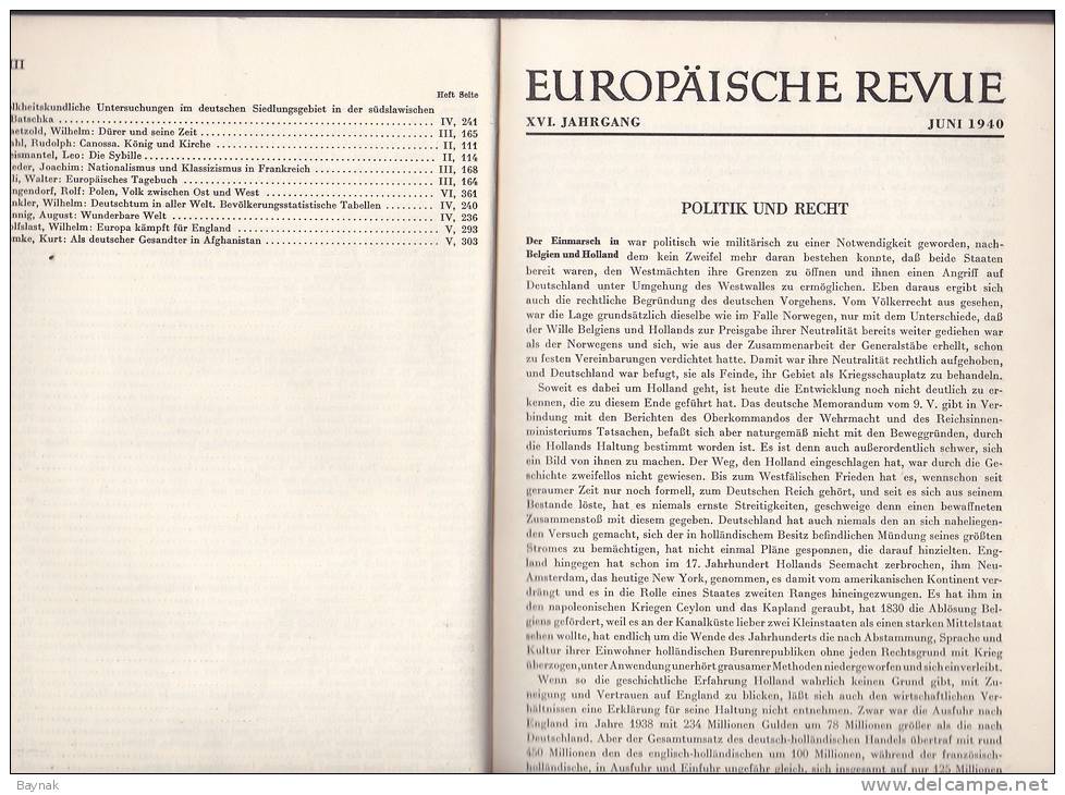 EUROPEISCHE REVUE  -  1940  -  70 PAGES  -  KONSERVATIVE UND AB 1933 NATIONALSOZIALISTISCHE  DEUTSCHE MONATSZEITSCHRIFT - Allemand
