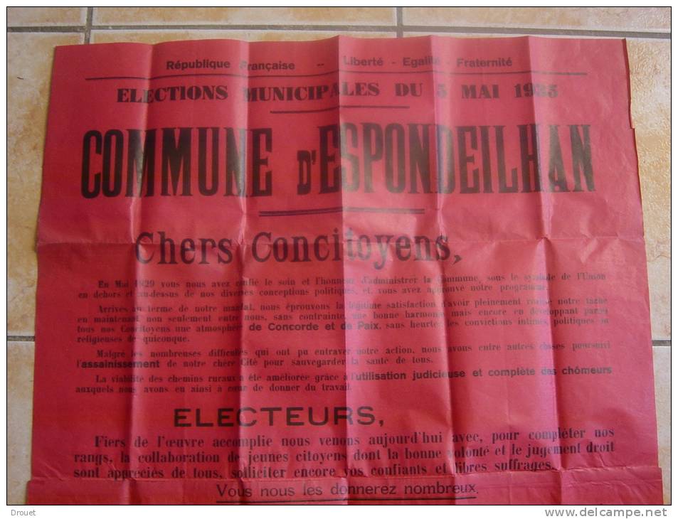 34 - ESPONDEILHAN - AFFICHE DES ELECTIONS MUNICIPALES DU 5 MAI 1935 - Affiches