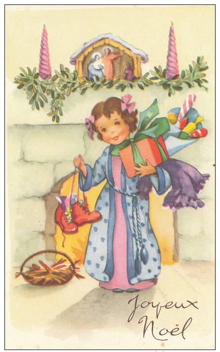 Belle CPA Illustrée Joyeux  NOEL Fillette  Le Matin SOULIER Plein De Jouets Père NOEL Est Passé CRECHE Enfant Jésus - Autres & Non Classés