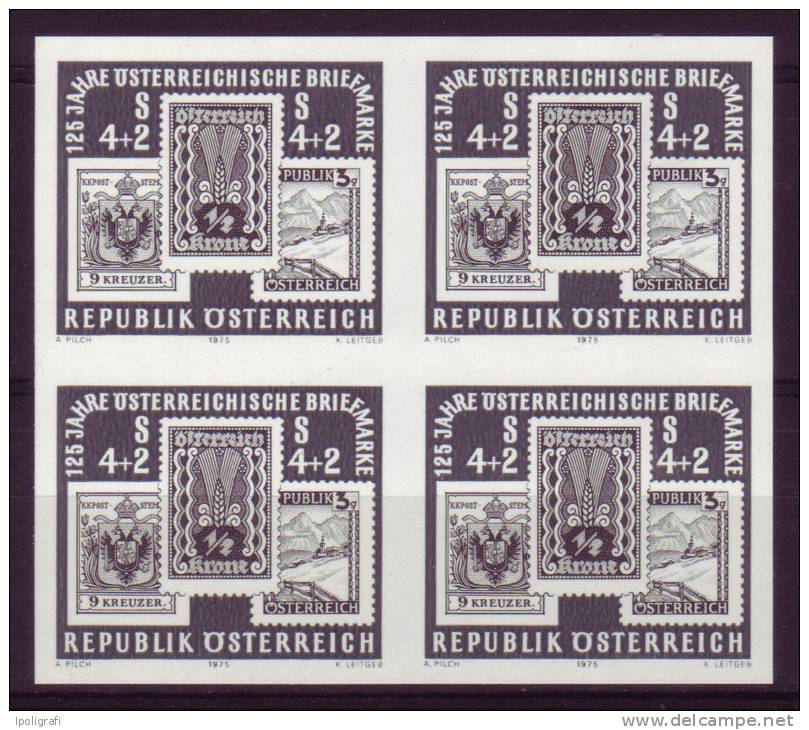 Austria - 1975, WIEN ´75, Black Proofs (schwarzdruck), 150 Years Of Austrian Stamps, Block Of 4 With Gum, In Folder - Proofs & Reprints