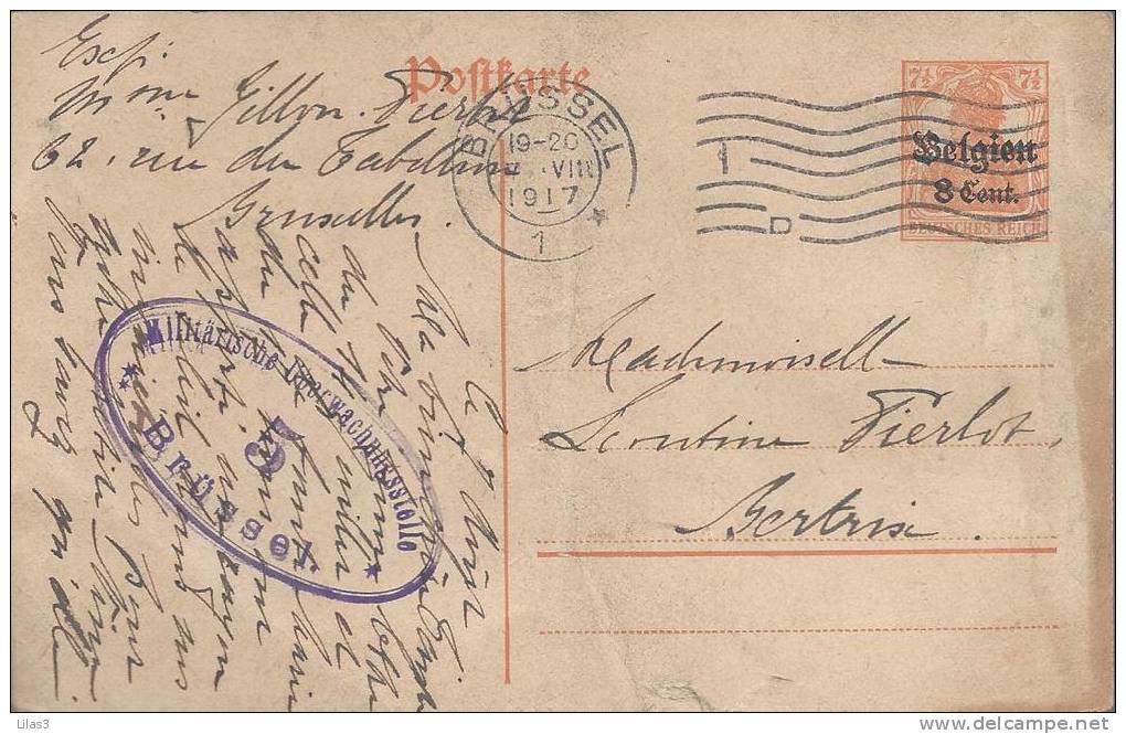 Entier Postal  Type Germania Surchargé Belgien 8 Cent Bruxelles 7 8 1917 Cachat Militaire Allemand - German Occupation