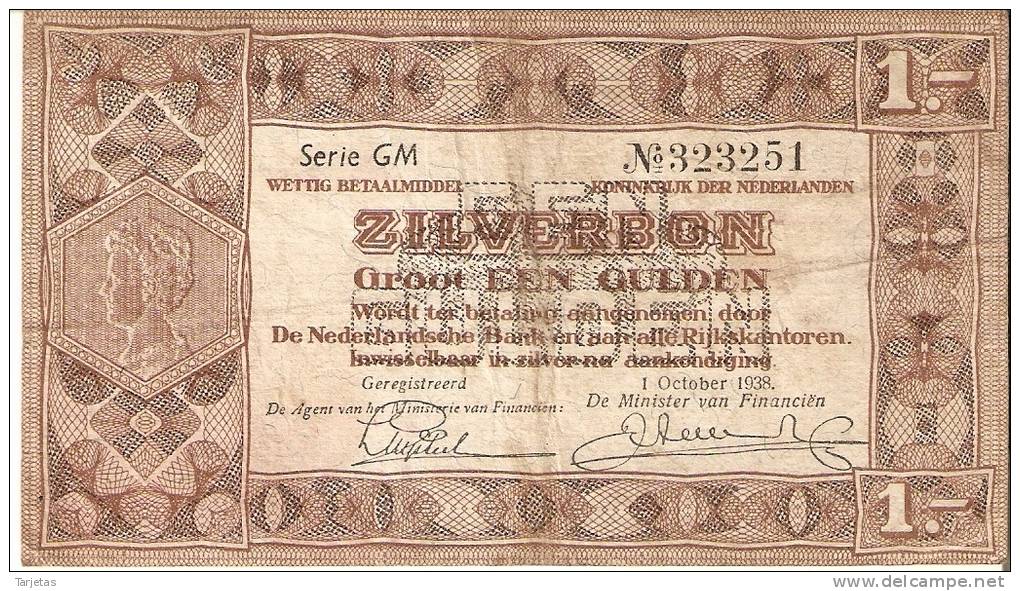 BILLETE DE HOLANDA DE 1 GULDEN DEL AÑO 1938  (BANKNOTE) - 1 Gulde