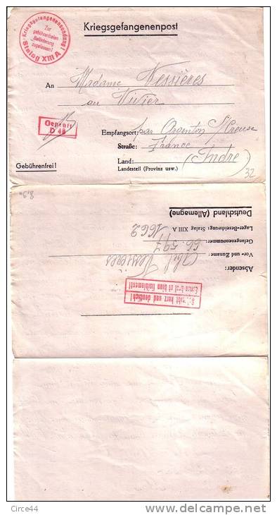 GUERRE39/45. ALLEMAGNE.PRISONNIER DE GUERRE.ADRESSE  ARGENTON SUR CREUSE. - Lettres & Documents