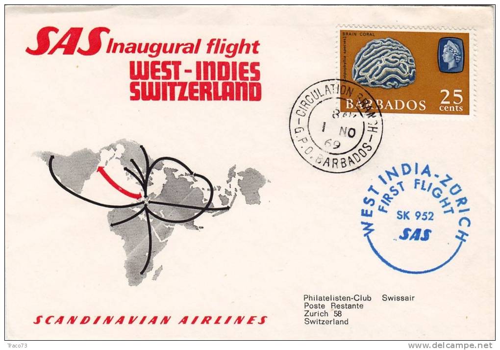 BARBADOS  - WEST-INDIES   /  ZURICH  -  Cover _ Lettera   _  SCANDINAVIAN AIRLINES - Barbados (1966-...)