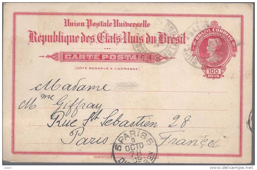 Entier Postal Carte Postale 100 Reis Rouge Oblitéré De Rio De 1909 Pour Paris - Interi Postali