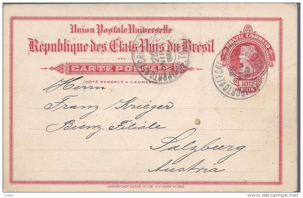 Entier Postal Carte Postale 100 Reis Rouge Oblitéré DePorto Allegre De 1908 Pour Salzbourd Autriche - Entiers Postaux