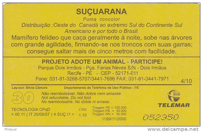 Télécarte - Taxcard : Le Puma Concolor - Jungle