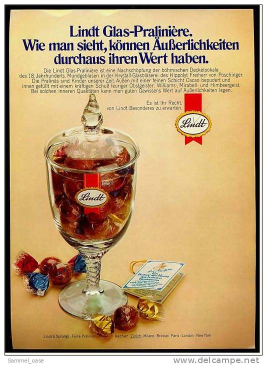 Reklame Werbeanzeige  Lindt Pralinen - Glas-Praliniere , Von 1976 - Sonstige & Ohne Zuordnung