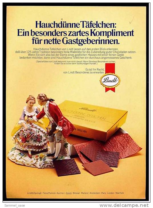 Reklame Werbeanzeige  Lindt Pralinen - Hauchdünne Täfelchen , Von 1977 - Sonstige & Ohne Zuordnung