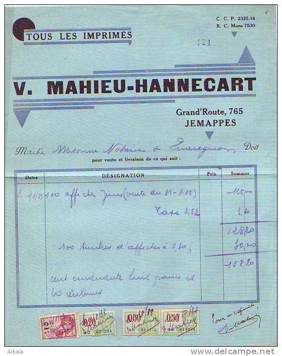 Jemappes - 1933 - V. Mahieu-Hannecart - Tous Les Imprimés - Imprenta & Papelería