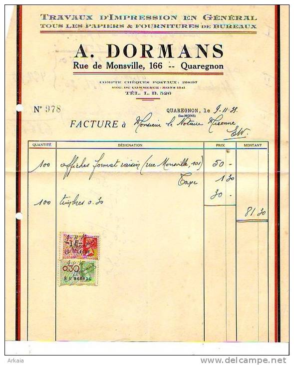 Quaregnon - 1933 - A. Dormans - Travaux D'impression En Général - Drukkerij & Papieren