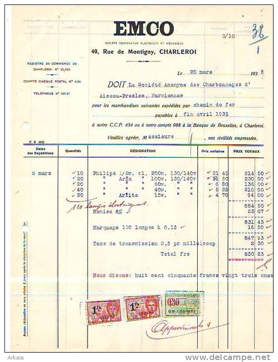 Charleroi - 1935 - EMCO - Société Coopérative D'électricité Et Mécanique - Électricité & Gaz