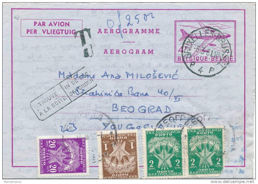 409/20 -  Entier AEROGRAMME Bruxelles 1961 Vers BELGRADE - RARE Taxé 4 Timbres-Taxe Yougoslavie - Aerogrammi