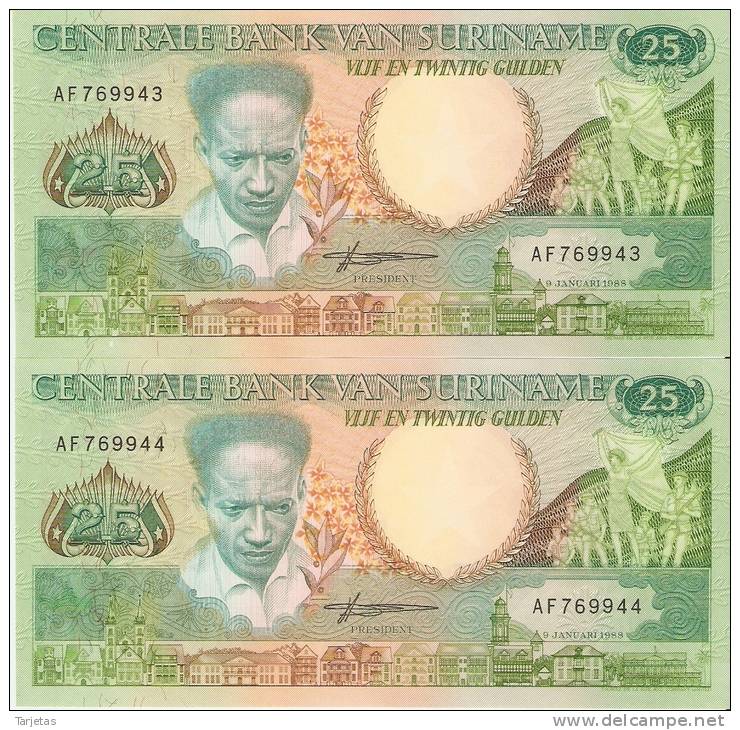 LOTE DE 2 BILLETES CORRELATIVOS DE SURINAM DE 25 GULDEN DEL AÑO 1988  SIN CIRCULAR-UNCIRCULATED  (BANK NOTE) - Suriname