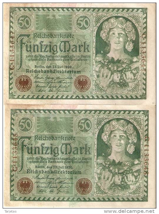 LOTE DE 2 BILLETES CORRELATIVOS DE ALEMANIA DE 50 MARCOS DEL AÑO 1920  (BANKNOTE) - 50 Mark