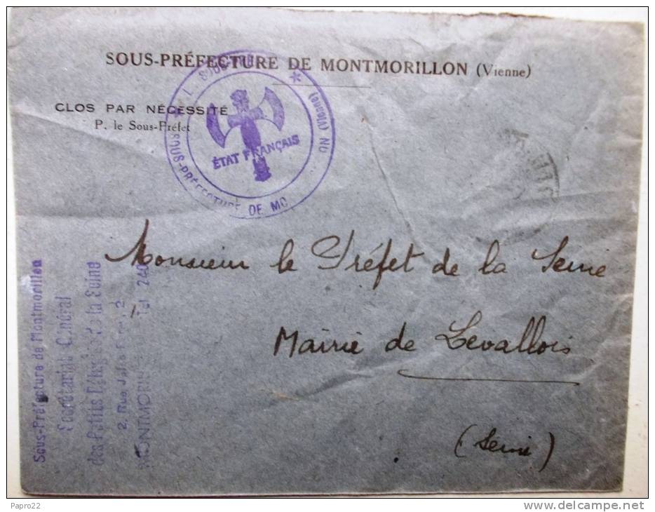 Lettre En Franchise Francisque  Sous Préfecture De Montmorillon Pour Levallois - Lettres & Documents