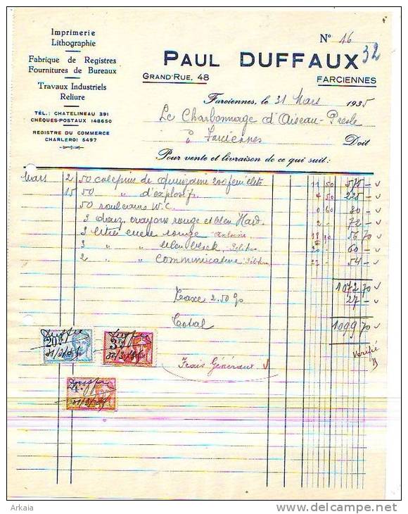 Farciennes - 1935 - Paul Duffaux - Fabrique De Registres - Fournitures De Bureaux - Travaux - Printing & Stationeries