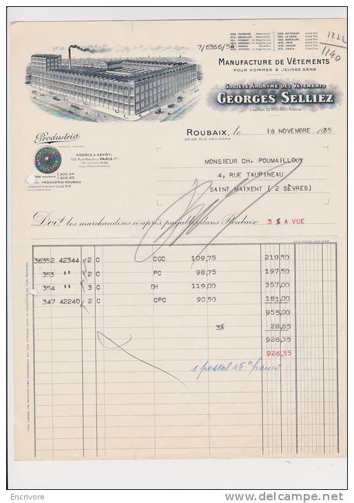 SELLIEZ GEORGES Manufacture De Vetements  Roubaix  1935 - 1900 – 1949