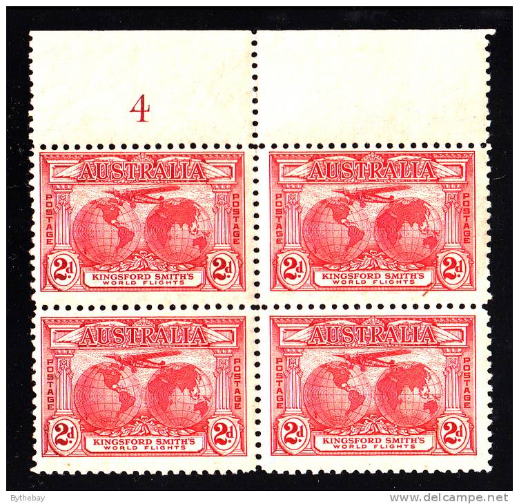 Australia MNH Scott #111 Margin Block Of 4 2p 'Southern Cross' Over Globe - Selvedge Hinged - Sheets, Plate Blocks &  Multiples