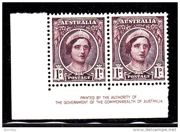 Australia MH Scott #191 Inscription Pair 1p Queen Elizabeth - Hojas, Bloques & Múltiples