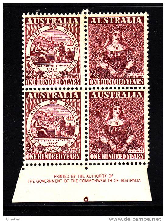 Australia MH Scott #229a Inscription Block Of 2 Pairs 2 1/2p Centenary Of Australian Adhesive Postage Stamps - Feuilles, Planches  Et Multiples