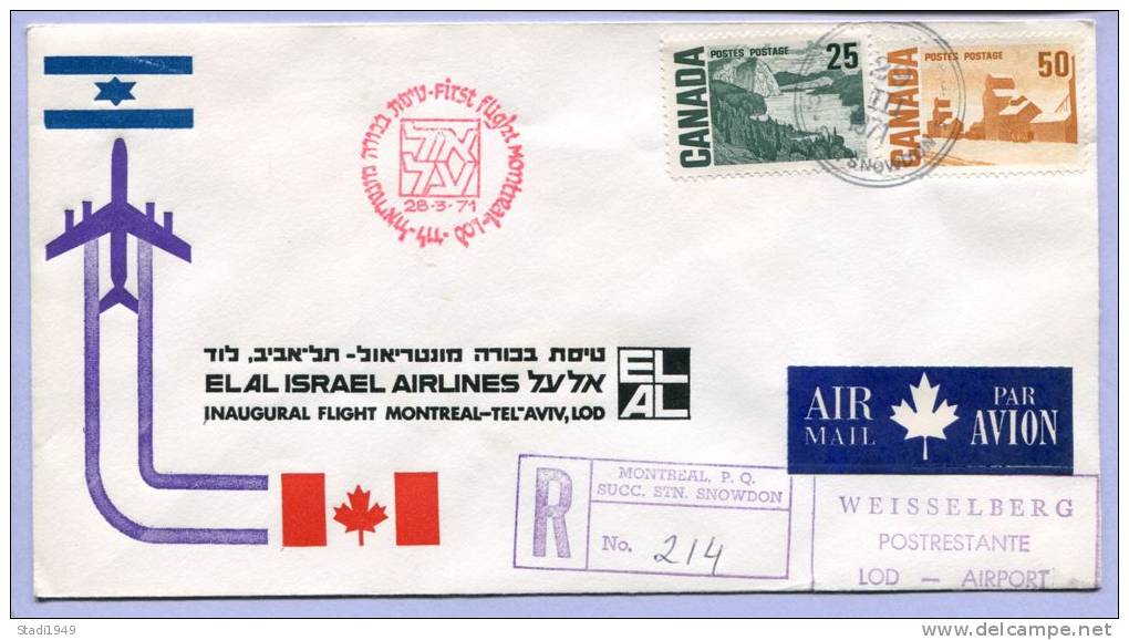 First Flight Registered ELAL MONTREAL To TEL AVIV LOD 1971  (539) - Primi Voli