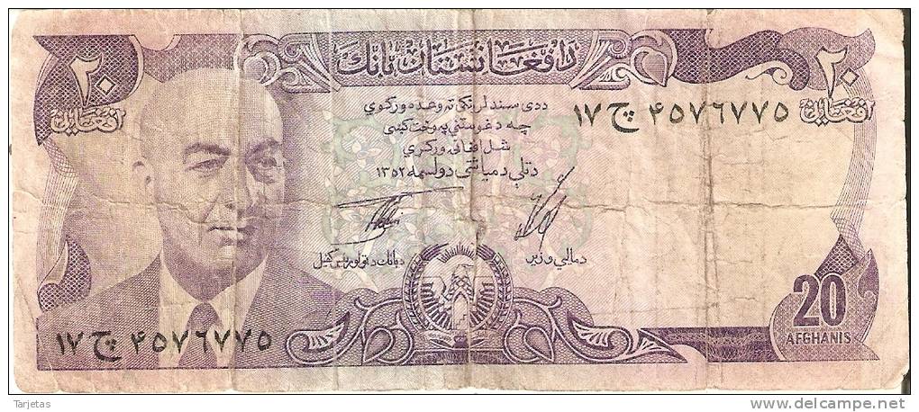 BILLETE DE AFGANISTAN DE 20 AFGHANIS  (BANK NOTE) (rotura Central Parte Inferior) - Afghanistán