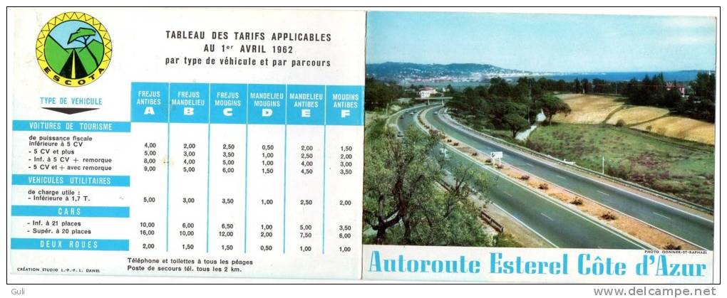 Tableau Des Tarifs Applicables Du Réseau ESCOTA Autoroute Estérel Côte D´Azur 1962  (a) (Alpes Maritimes) - Non Classés