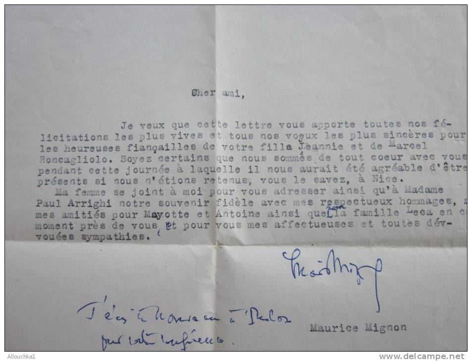 Faculté Lettres D'Aix Nice 29/1/ 1954 Lettre Félicitations Pr Heureuses Fiançailles De Votre Fille Jeannie Corse Corsica - Engagement