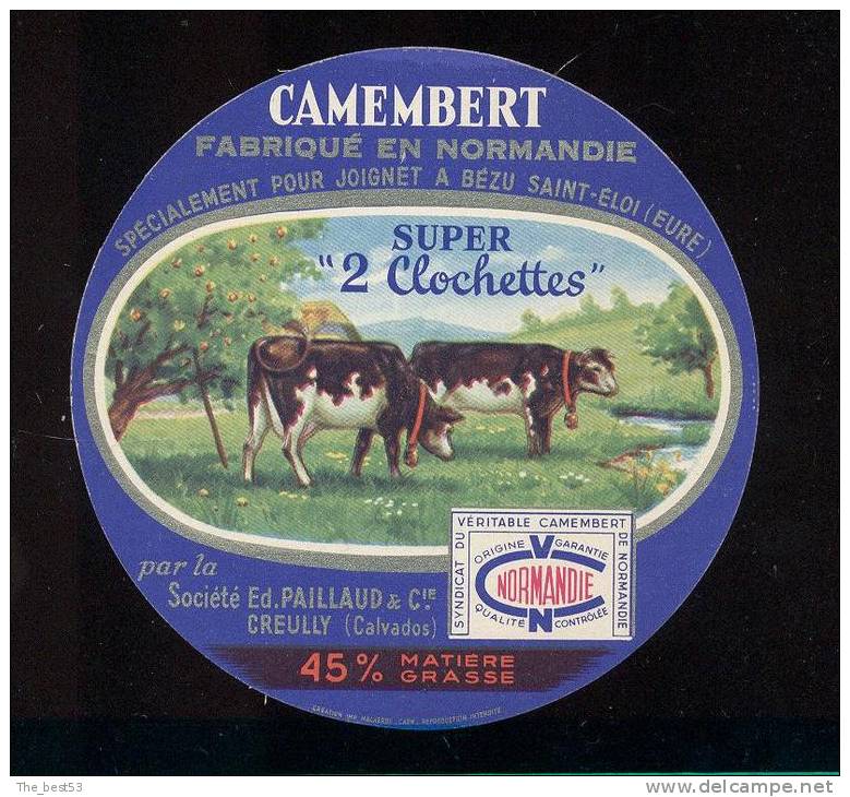 Etiquette De Fromage Camembert  -  Super 2 Clochettes  -  Sté  Ed. Paillaud Et Cie à Creully (Calvados) - Fromage