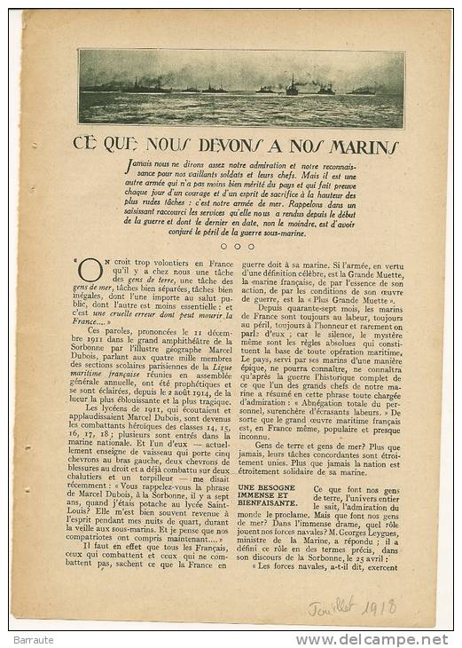 Feuillet  Article Actualité De 1918 "CE QUE NOUS DEVONS A NOS MARINS " Par G.-TOUDOUZE. - Documenti Storici