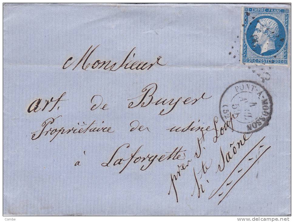 MEURTHE ET MOSELLE, Lettre 1859, PC 2490 PONT A MOUSSON Pour LAFORGETTE  Sur  Yv 14, ETs LEQUY /2392 - 1849-1876: Période Classique