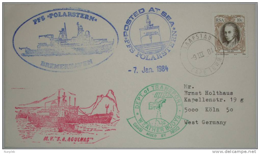 SOUTH AFRICA 1984 COVER KAPSTAD TO GERMANY WITH POSTED AT SEA WEATHER BUOYS AND SHIP CACHETS - Briefe U. Dokumente