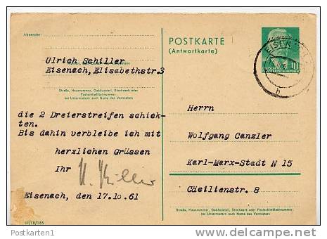 DDR P70 IA Antwort-Postkarte DV III/18/185  Eisenach 1961 Kat. 18,00 € - Postkaarten - Gebruikt