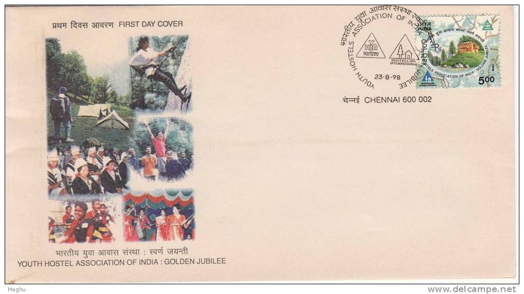 India FDC 1998, Youth Hostel Association, Activities, Rock Climbing, Dance, Culture, Tourism, Tent. - Escalada