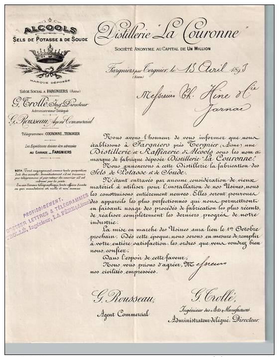 Entête Du 13/04/1893 DISTILLERIE "LA COURONNE" TROLLE ROUSSEAU - Fargnières Par Tergnier - 1800 – 1899