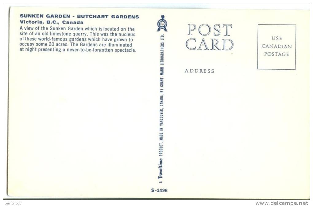 Canada, Sunken Garden, Butchart Gardens, Victoria, BC, Unused Postcard [13031] - Victoria